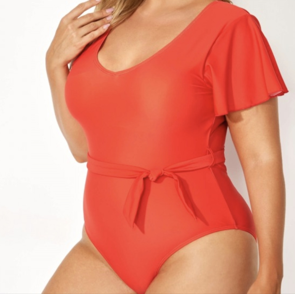 Red V-neck Flutter Sleeves One Piece Swimsuit size 3XL